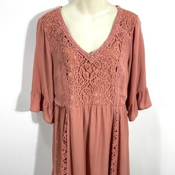 Maurices Boho Coral Rust Crochet Overlay V Neck Ruffle Sleeve Dress - Picture 2 of 13